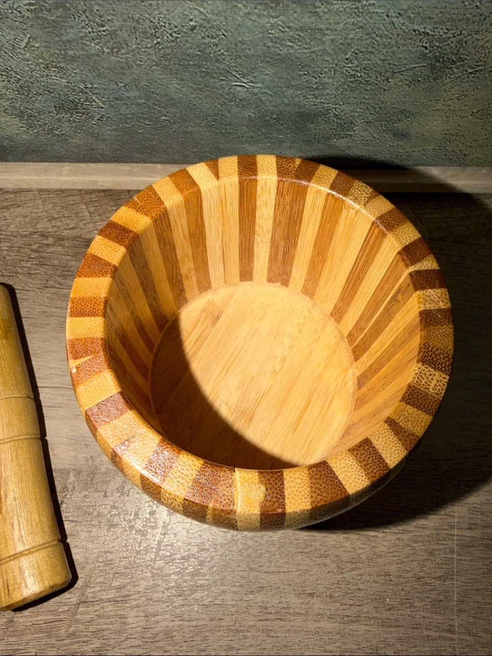 Striped Bamboo Mortar and Pestle - Natural Wood